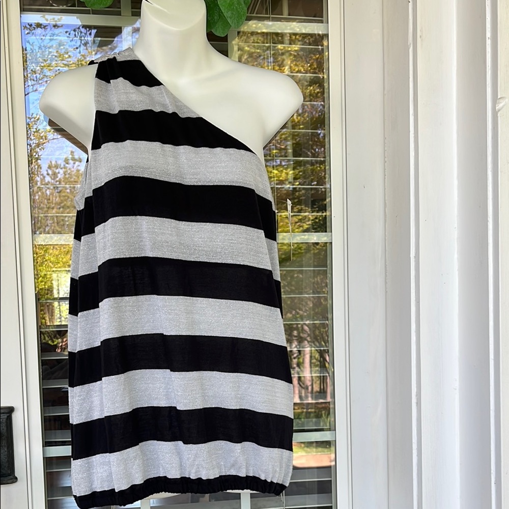 NWT INC International Concepts Black & Silver Striped One Shoulder Too, Size M